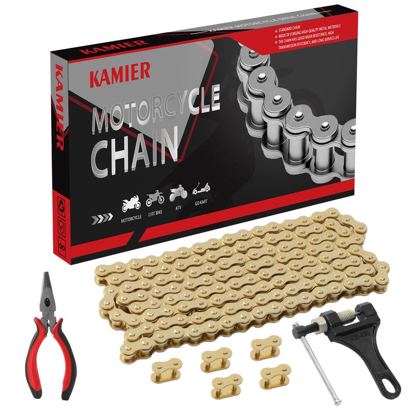 KAMIER 420 Motorcycle Chain 132 Links Gold with Chain Breaker for KX85 KX100 TTR110 SSR TaoTao Coolster Apollo Baja 50 70 90 110 125cc Chinese Pit Dirt Bike ATV 4 Wheeler Quad Go Kart Mini Bike Parts - Image 1